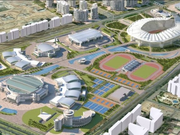 Ashgabat Olympic Village, Turkmenistan: aerial view of the stadium, arenas and sports fields