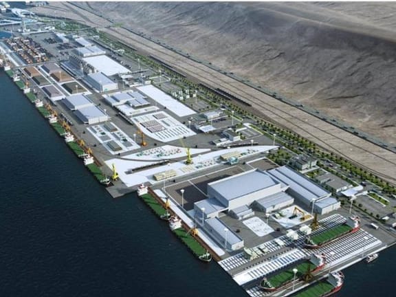 Turkmenbashi International Seaport, Turkmenistan: aerial view of the terminal along the waterfront