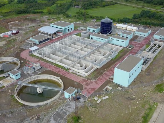 Zugdidi & Poti Wastewater Treatment Plant, Georgia: aerial view of the clarifiers, treatment basins and plant buildings
