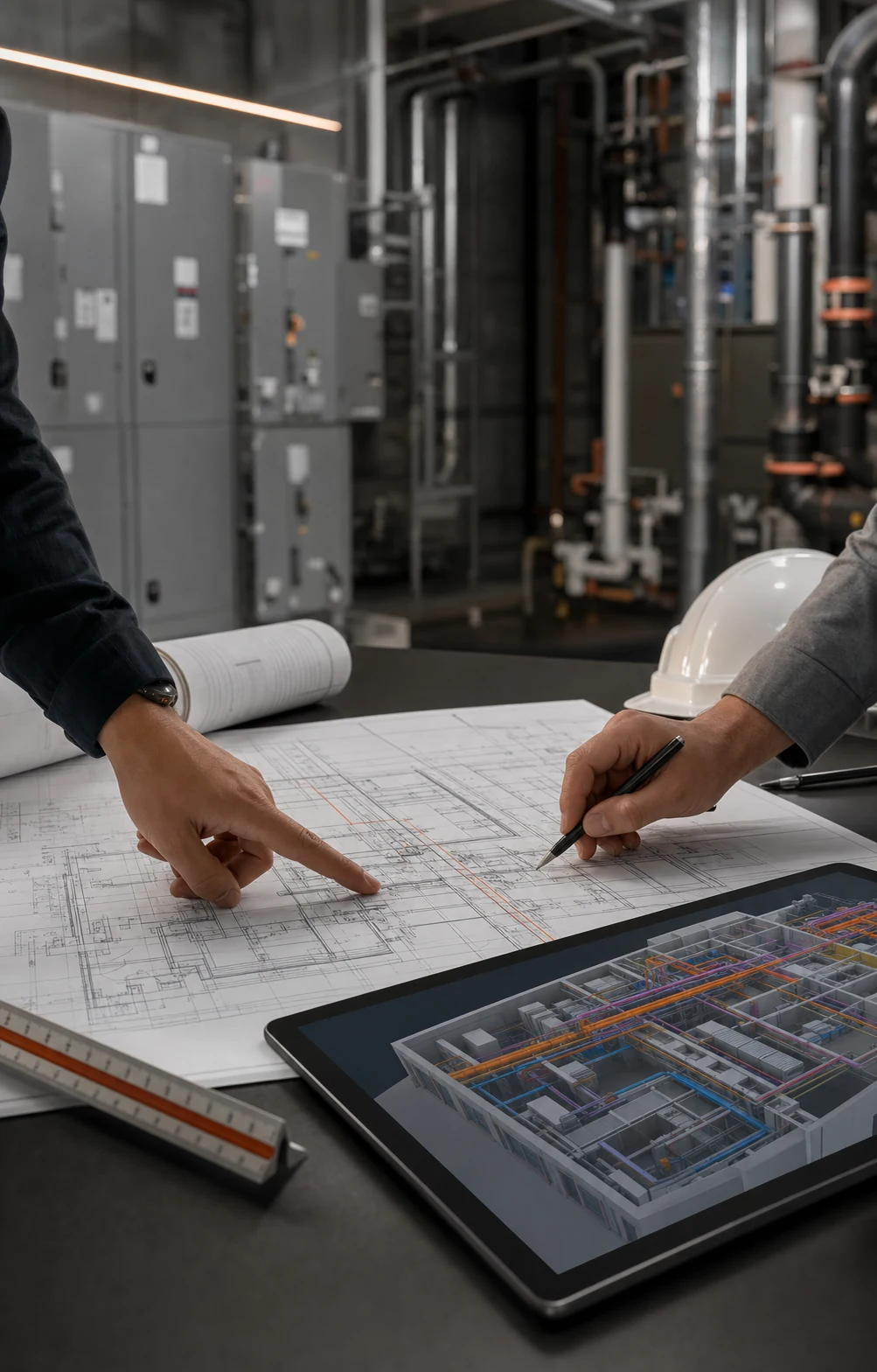 Architect and MEP engineer coordinating electrical and mechanical systems on building drawings