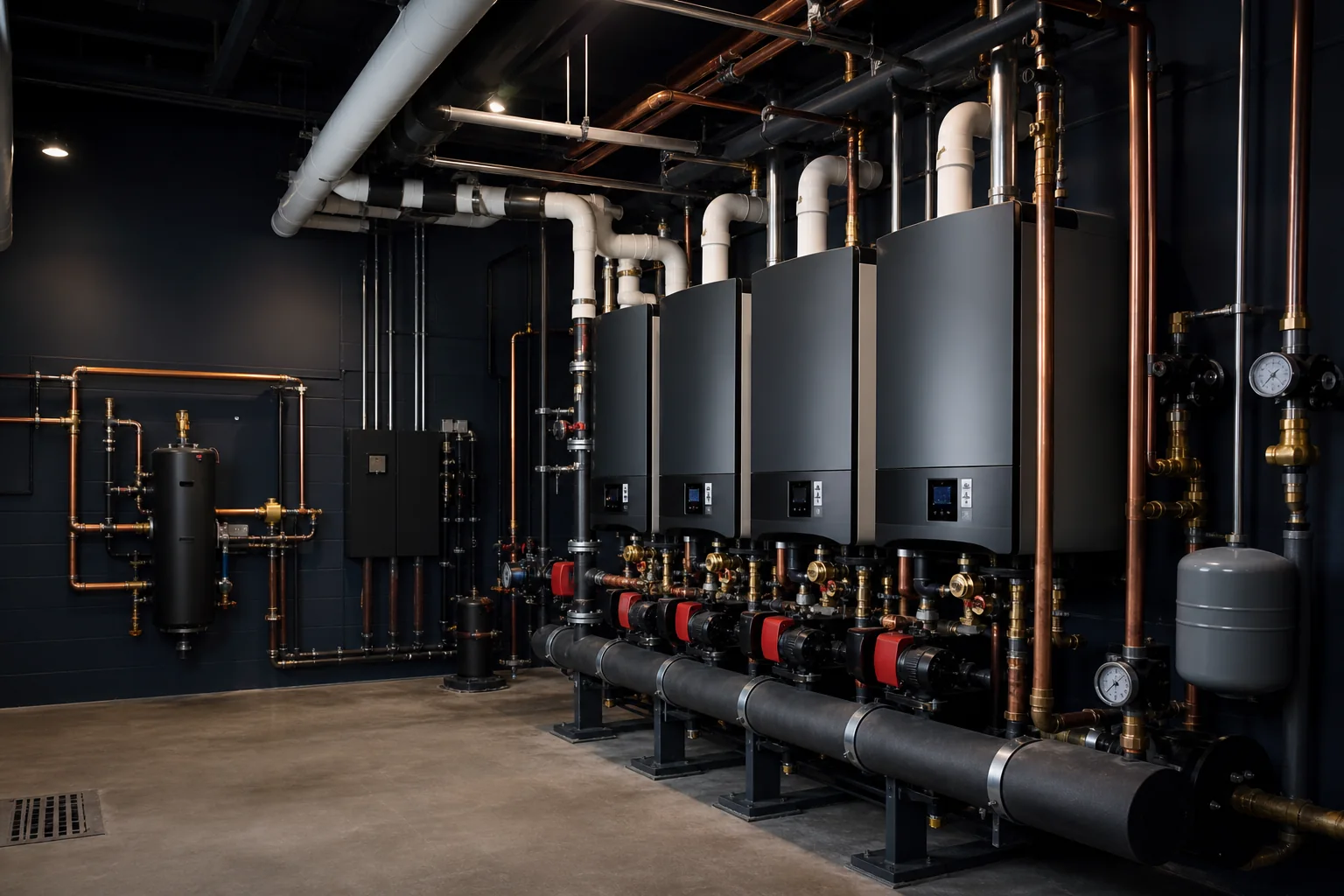 Modern commercial condensing boiler plant with hydronic pumps, piping and controls