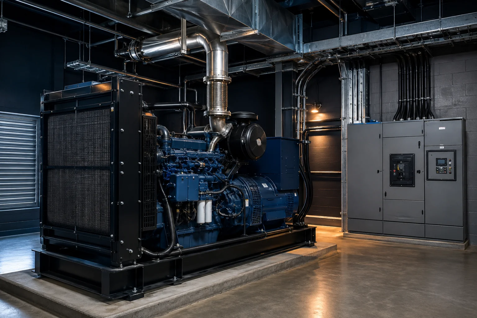 Commercial emergency generator in a coordinated electrical and mechanical plant room
