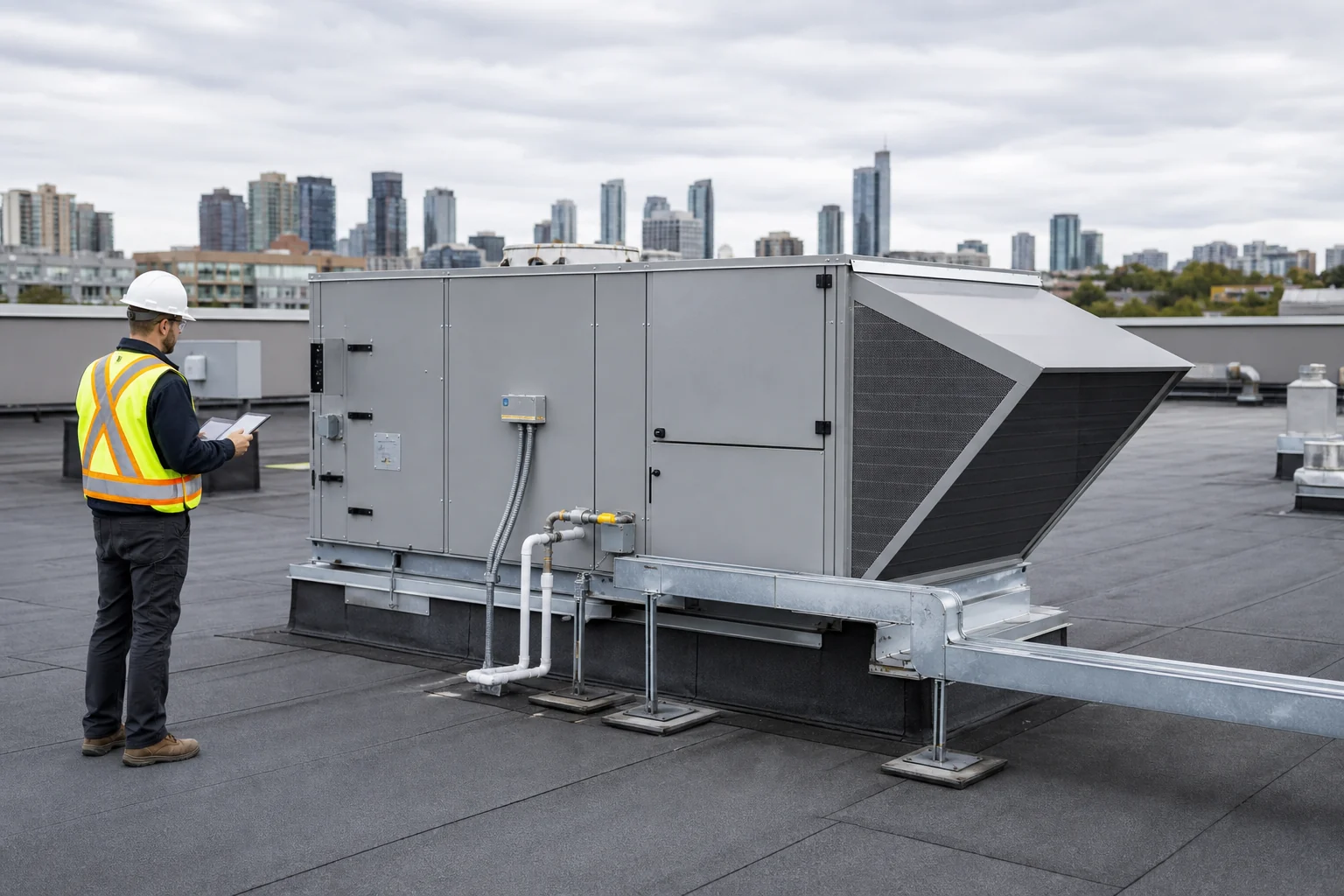Mechanical engineer inspecting a new commercial rooftop HVAC unit on an Ontario building
