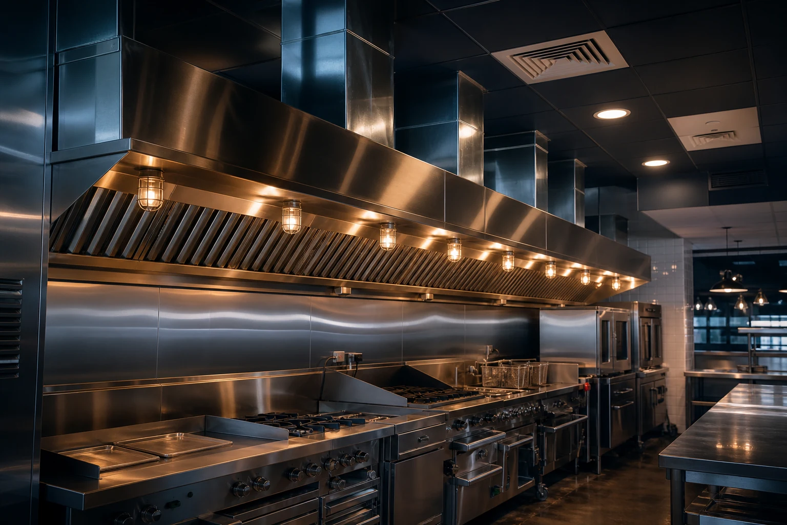 Modern Ontario-style commercial kitchen with stainless exhaust hood, grease filters, ductwork and make-up air distribution
