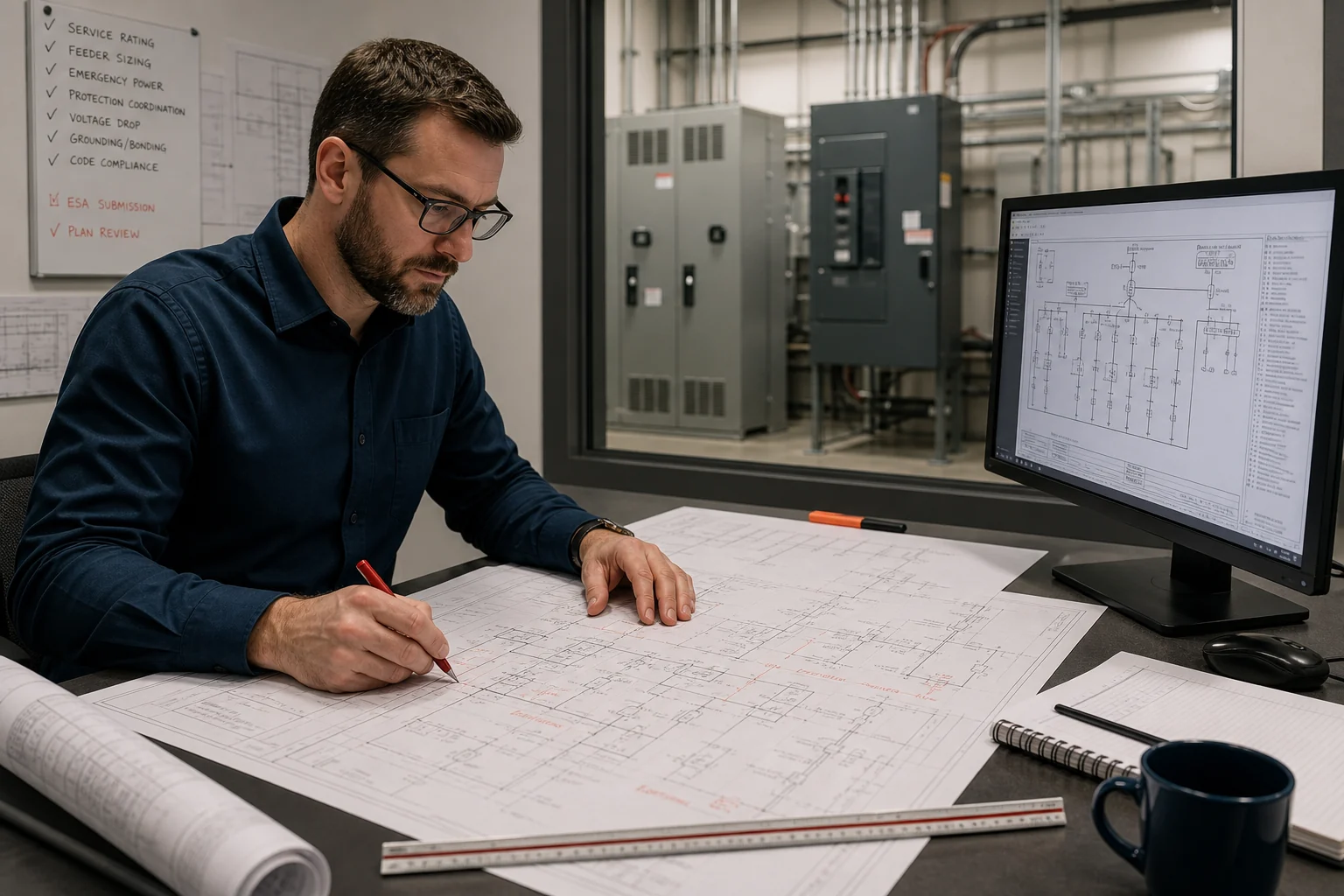 Professional electrical engineer reviewing a single-line diagram for an ESA electrical plan-review submission in Ontario