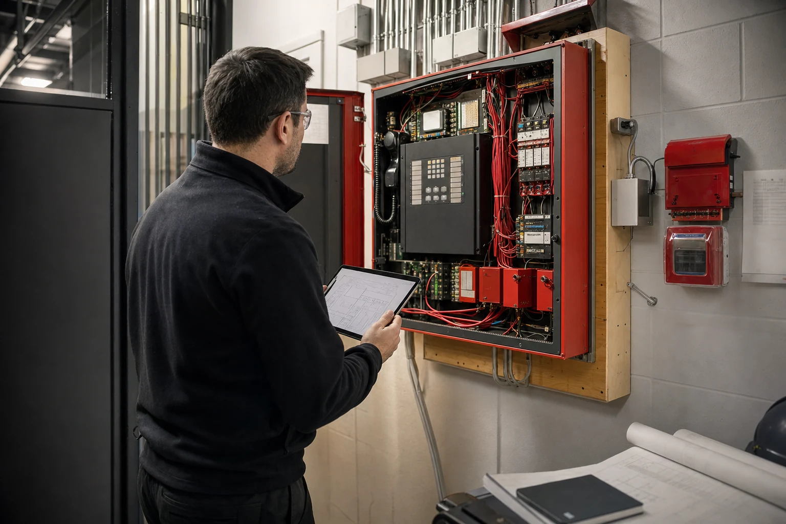 Engineer assessing an existing commercial fire alarm control panel before an Ontario retrofit project