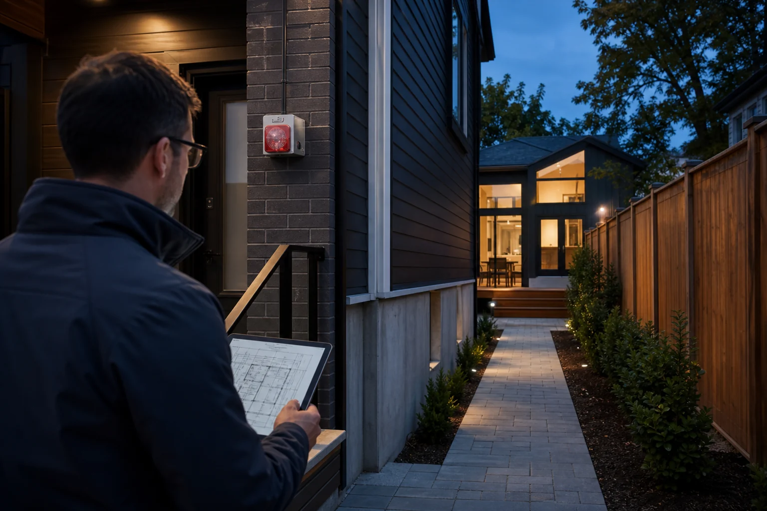 Engineer reviewing a Toronto garden suite fire access path with an exterior warning strobe on the main dwelling