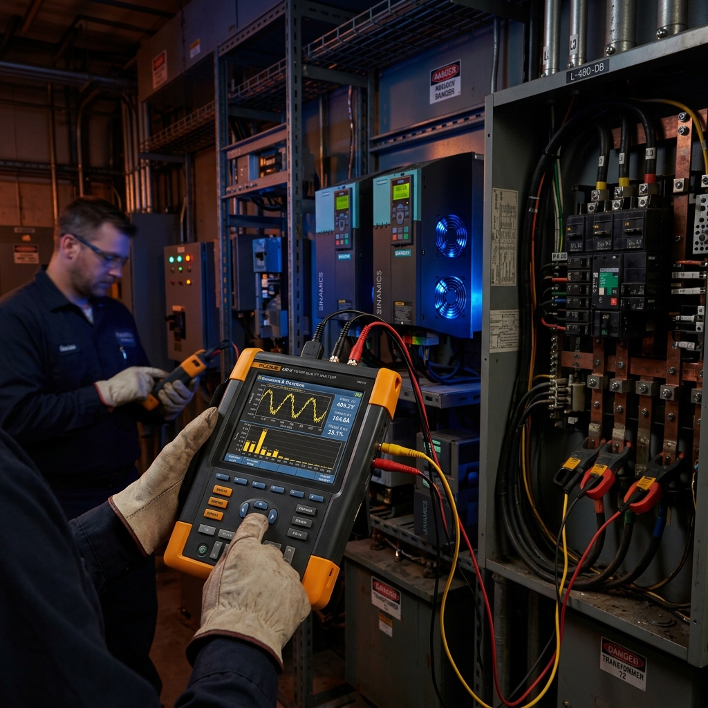 Power quality analyzer showing harmonic distortion