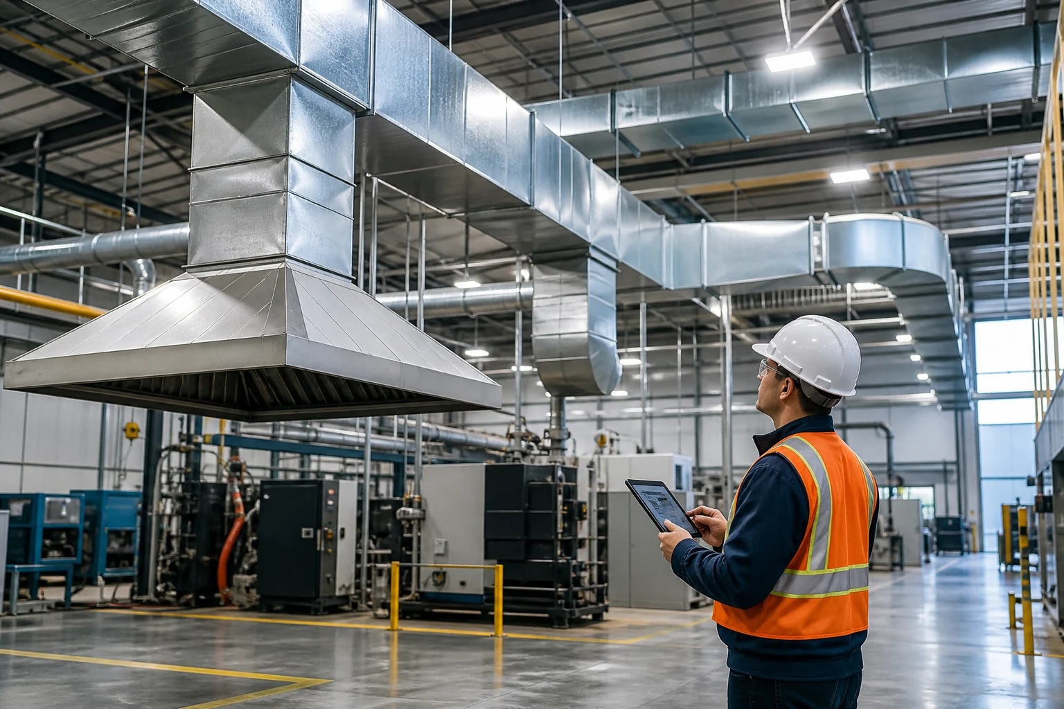 Mechanical engineer reviewing industrial exhaust ductwork and make-up air inside an Ontario manufacturing facility