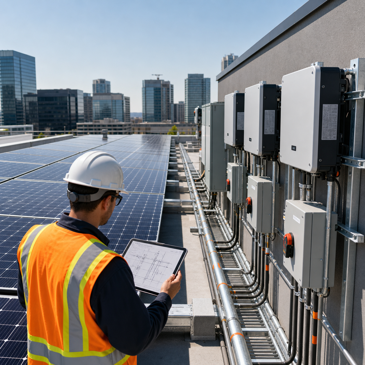 Commercial rooftop solar PV modules and inverter equipment