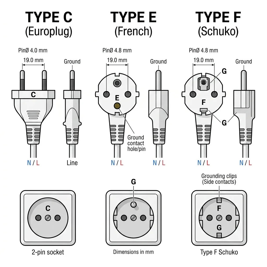 Type C, E and F Plugs